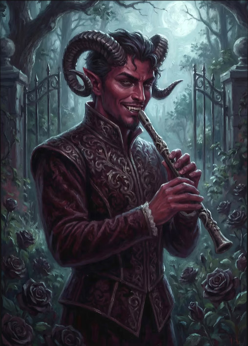 Demonic Musician Playing Fiery Instrument — metal poster wall art by Lineer